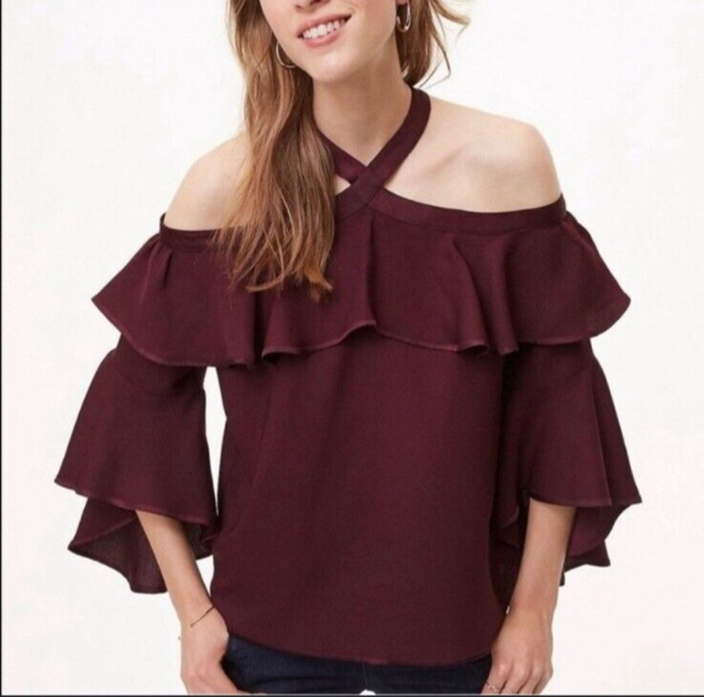 New LOFT Halter Blouse Womens M Ruffle Off Shoulder Top Bell Sleeve Whimsigoth